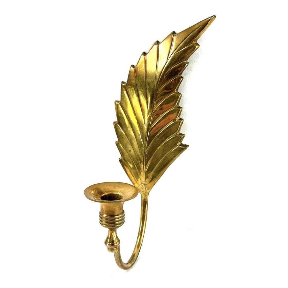 Vintage Brass Leaf Wall Sconce Candle Holder India Hollywood Regency Style 11”